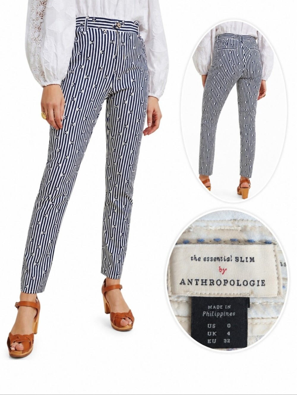 Anthropologie The Essential Slim Blue White Striped Preppy Pants Sz 0 W27 L27